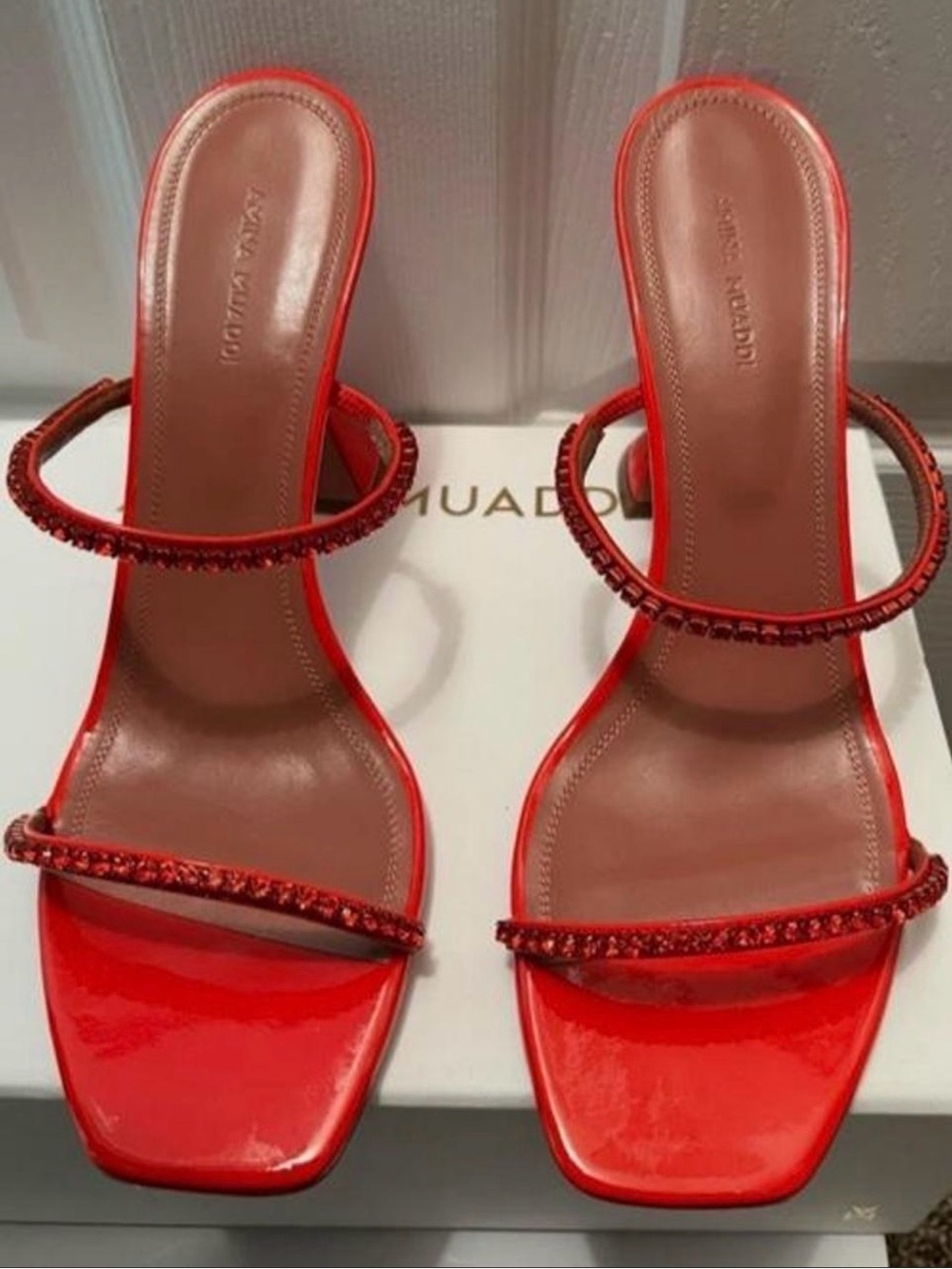Amina Muaddi Red Embellished Strappy Sandals for Women